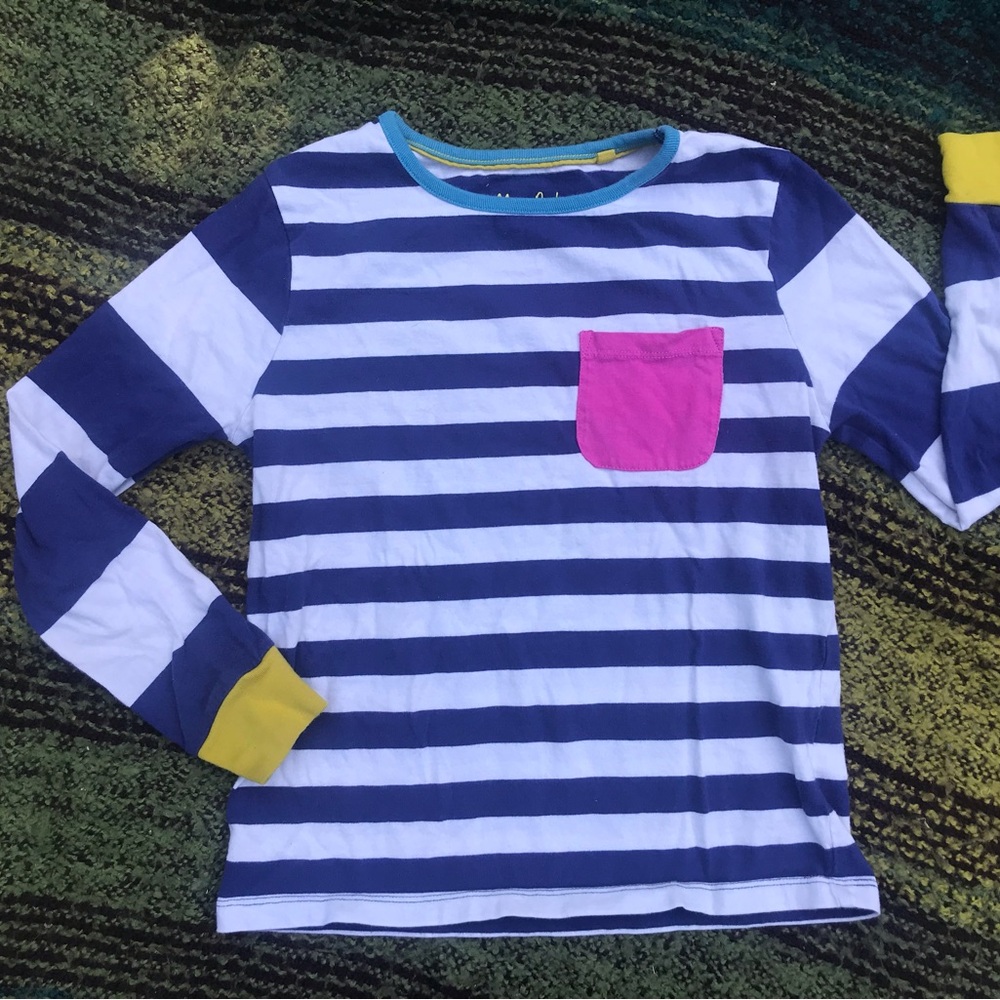 Mini Boden Navy and White Striped Tee with Pink Pocket